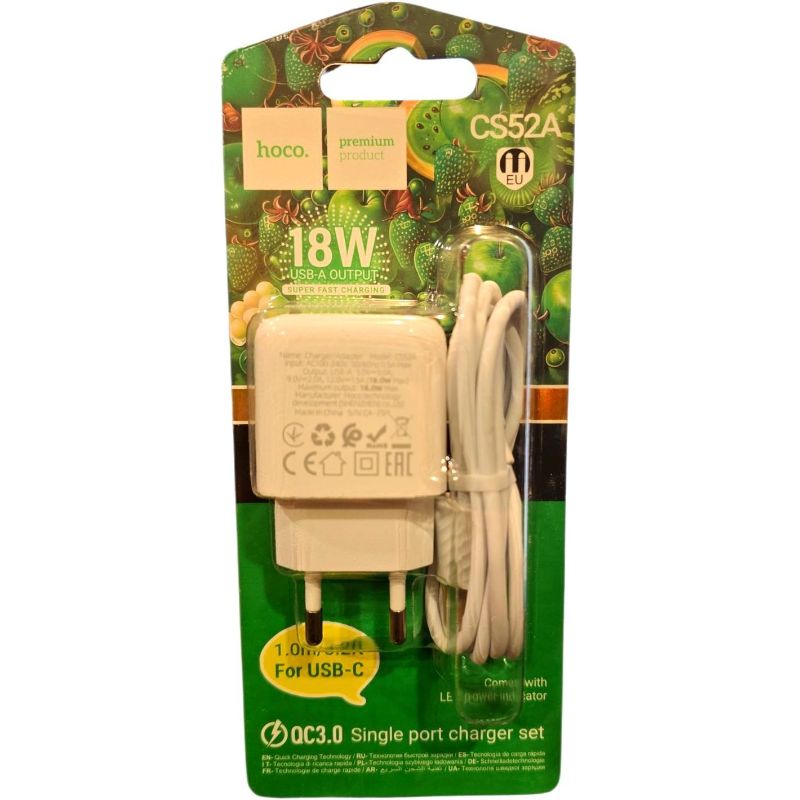 Мережевий зарядний пристрій блок HOCO CS52A QC3.0 USB Type-A на Type-C 18W Білий