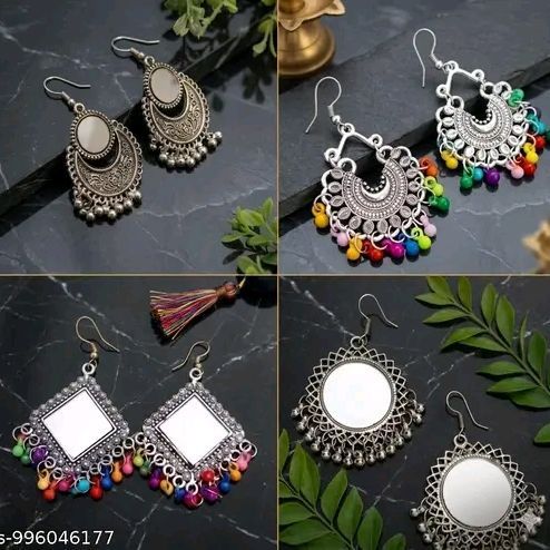 Classic Oxidised Silver Mirror & Colorful Beaded Drop Earrings (Set of 4)