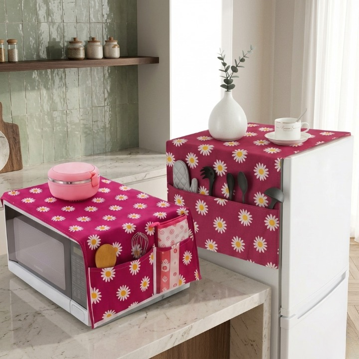 Microwave Oven & Refrigerator Top Cover Combo Pack – Dust-Proof Kitchen Appliance Protectors with Storage Pockets - Random color