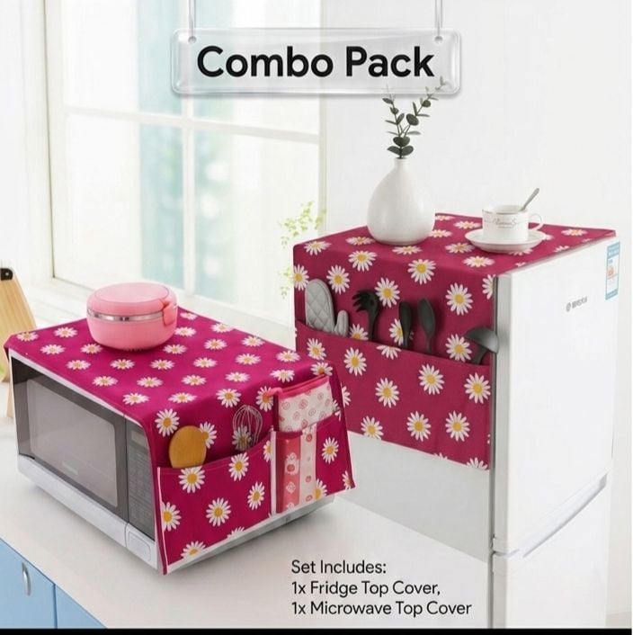 Microwave Oven & Refrigerator Top Cover Combo Pack – Dust-Proof Kitchen Appliance Protectors with Storage Pockets - Random color