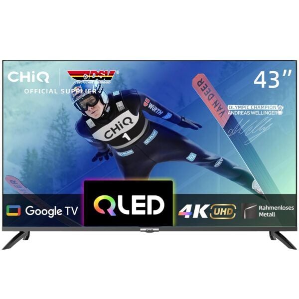 CHiQ 43 Inch Smart TV Device, QLED UHD with HDR, Frameless Metal Design, Google TV, Dolby Audio, Triple Tuner, Google Assistant, HDMI 2.1, USB2.0