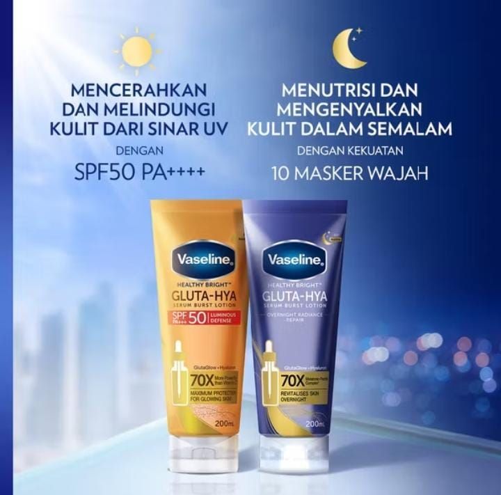 Vaseline Gluta-Hya Flawless Bright 330ml + Vaseline Gluta-Hya Overnight 200ml.