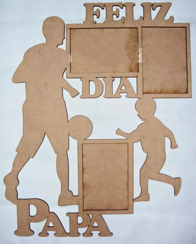 Cuadro Feliz Dia Papa con 3 Porta Retratos 10 x 15 y Silueta de Padre e Hijo con Pelota