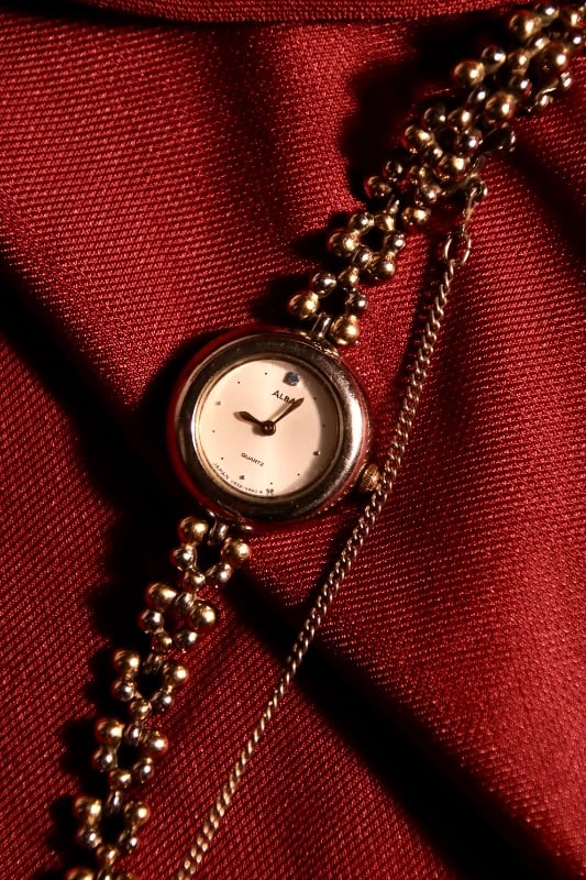 Alba Two-Toned Beaded Bracelet Watch With Blue Jewel