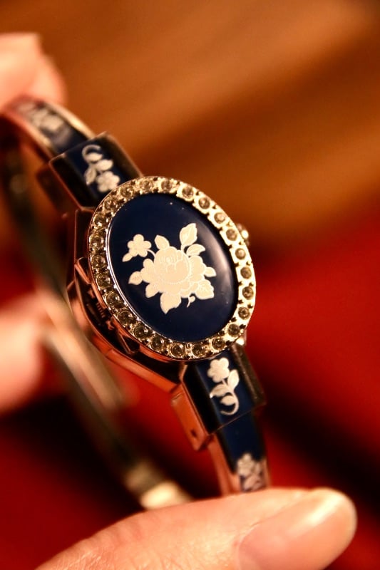 Andre Mouche Peekaboo Enamel Floral Bangle Ladies Quartz Watch In Navy Blue