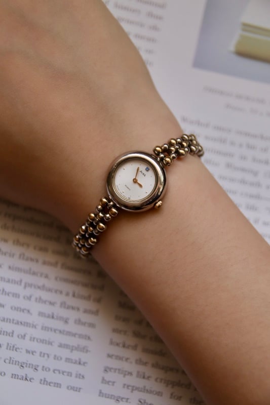 Alba Two-Toned Beaded Bracelet Watch With Blue Jewel