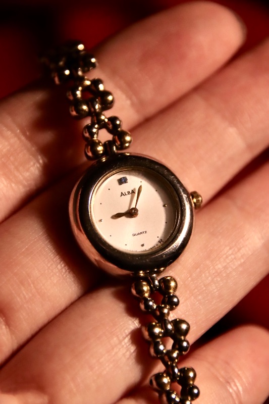 Alba Two-Toned Beaded Bracelet Watch With Blue Jewel