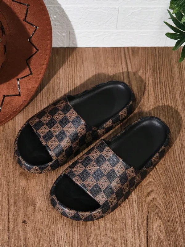 Men's Fashionable Retro Brown Colour-Blocking Plaid Print Slip-Ons