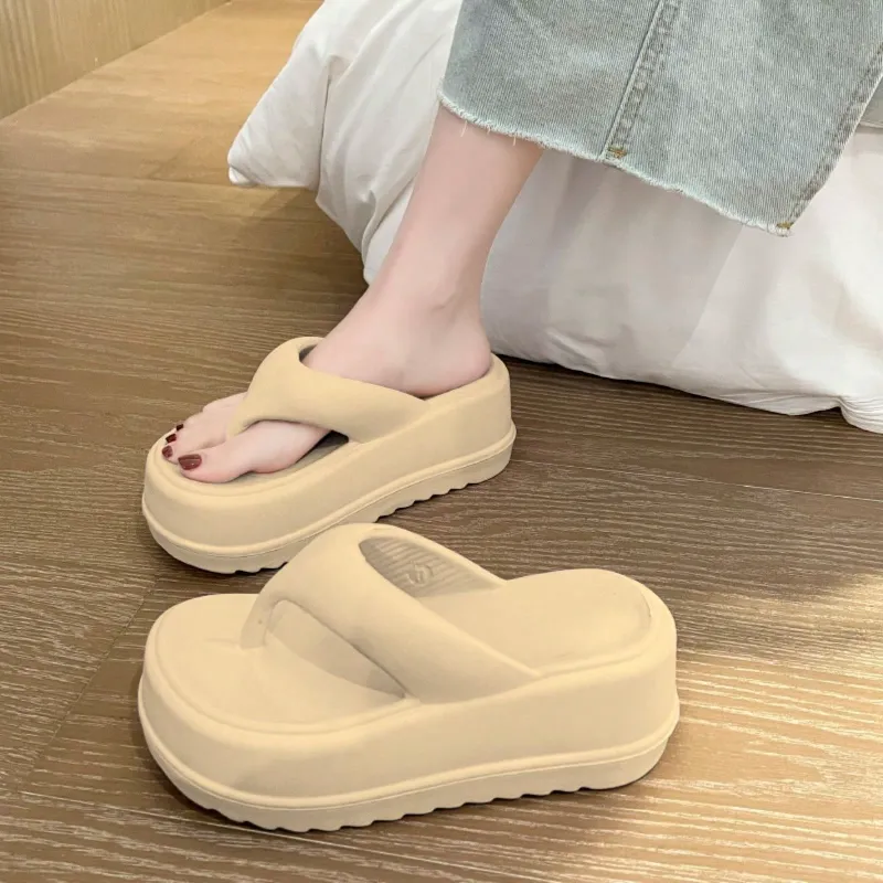 Women's 6.5cm Thick-Sole EVA, Soft Bottom Non-Slip Fashionable Goddess Style Wedge Flip Flops, Brown