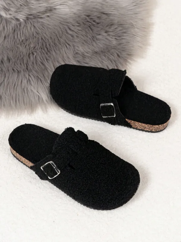 Trendy Fashion Men's Vintage Slip-On Loafers - Casual Mules with Buckle Strap, Black Soft Fleece