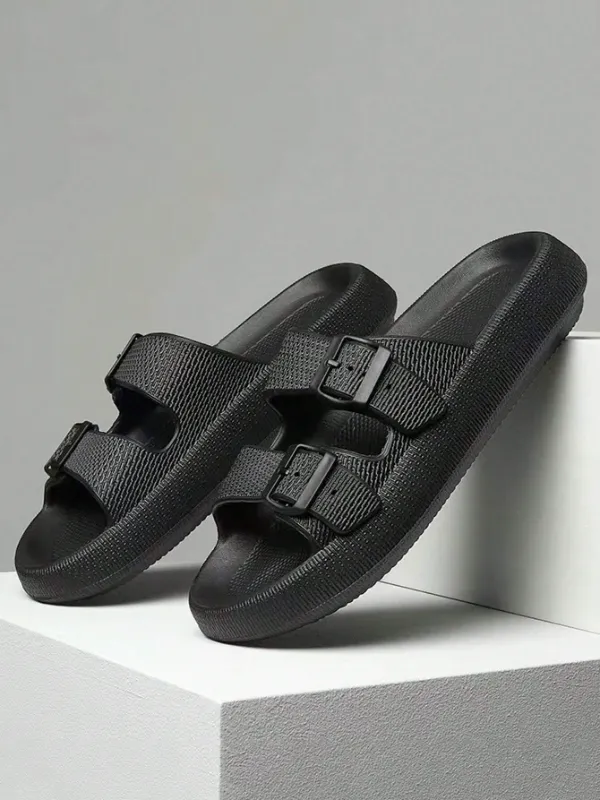 Men's / Unisex Buckle Decor Slippers, Black, Lightweight EVA Slides, Non-Slip Open Toe Shoes For Indoor Outdoor