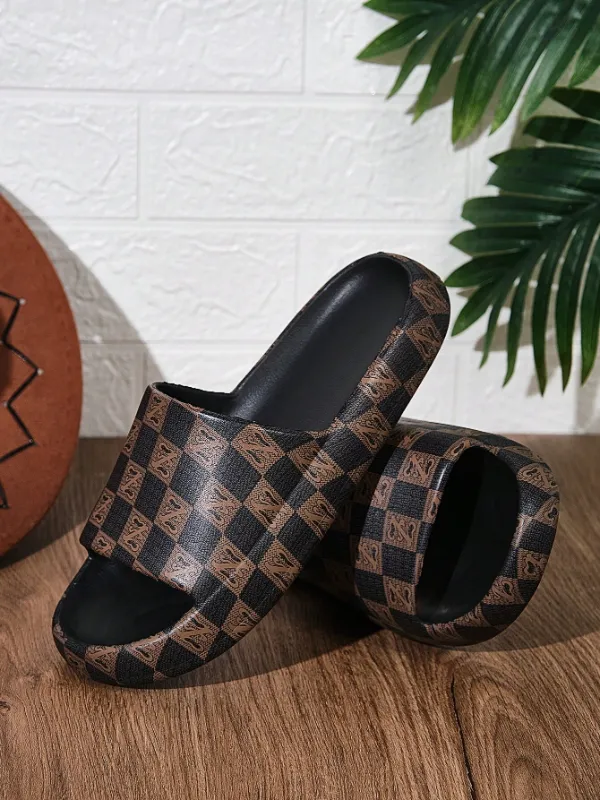 Men's Fashionable Retro Brown Colour-Blocking Plaid Print Slip-Ons