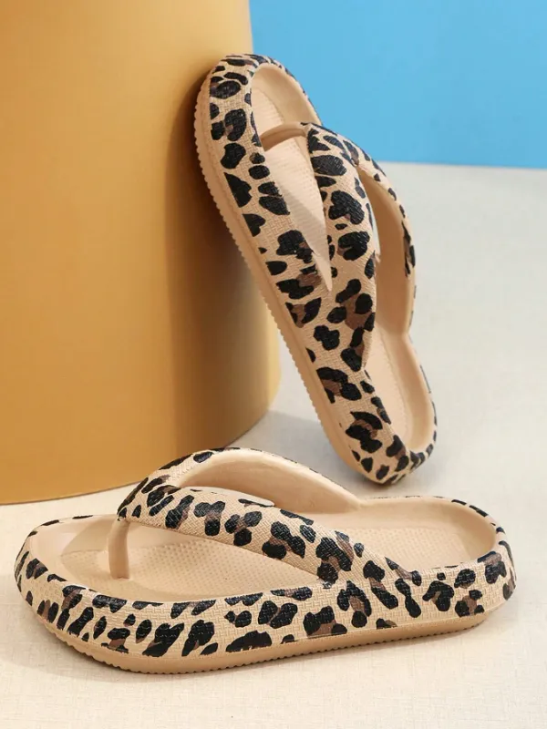 Women's Thick Sole Non-Slip EVA Comfortably Soft and Cushy Stylized Flip-Flops, Leopard Skin Pattern