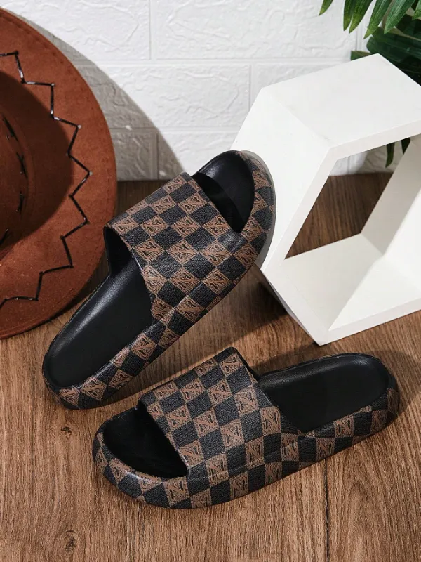 Men's Fashionable Retro Brown Colour-Blocking Plaid Print Slip-Ons