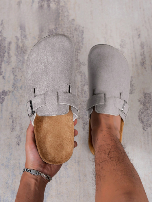 Trendy Fashion Men's Vintage Slip-On Loafers - Casual Mules with Buckle Strap, Grey B