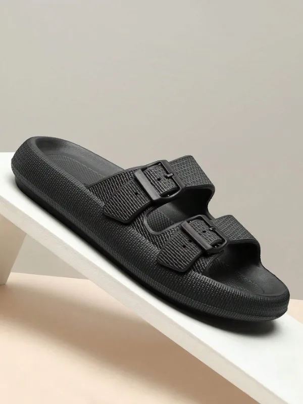 Men's / Unisex Buckle Decor Slippers, Black, Lightweight EVA Slides, Non-Slip Open Toe Shoes For Indoor Outdoor