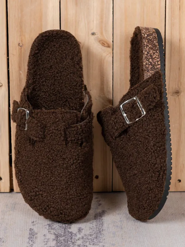 Trendy Fashion Men's Vintage Slip-On Loafers - Casual Mules with Buckle Strap, Brown Soft Fleece