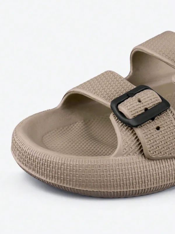 Men's / Unisex Buckle Decor Slippers, Brown, Lightweight EVA Slides, Non-Slip Open Toe Shoes For Indoor Outdoor