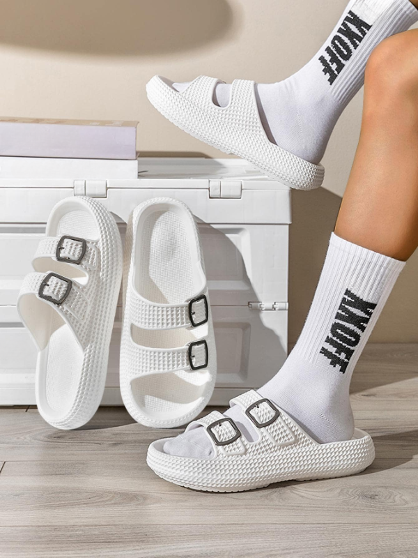 Men's / Unisex Buckle Decor Slippers, White, Lightweight EVA Slides, Non-Slip Open Toe Shoes For Indoor Outdoor