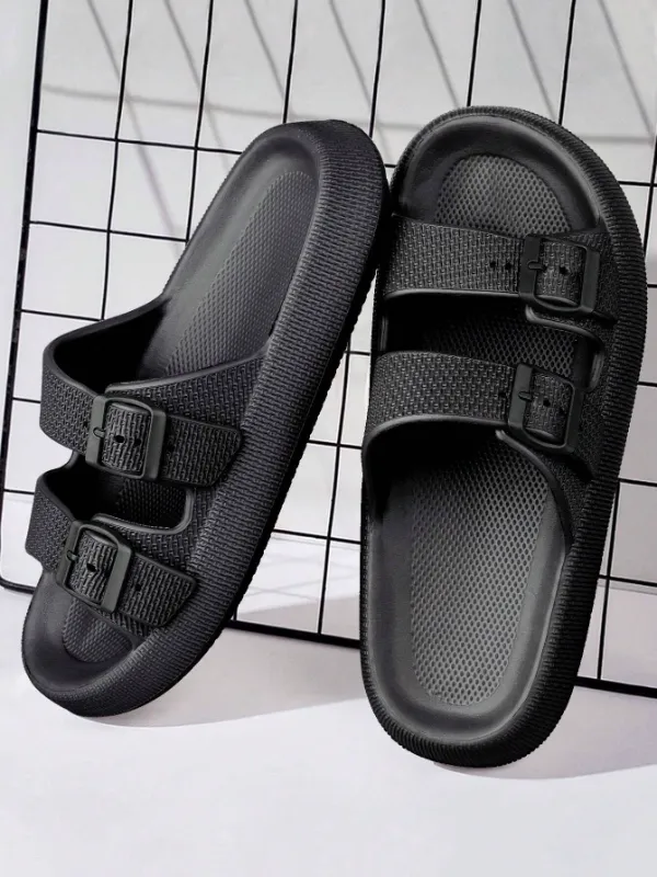 Men's / Unisex Buckle Decor Slippers, Black, Lightweight EVA Slides, Non-Slip Open Toe Shoes For Indoor Outdoor
