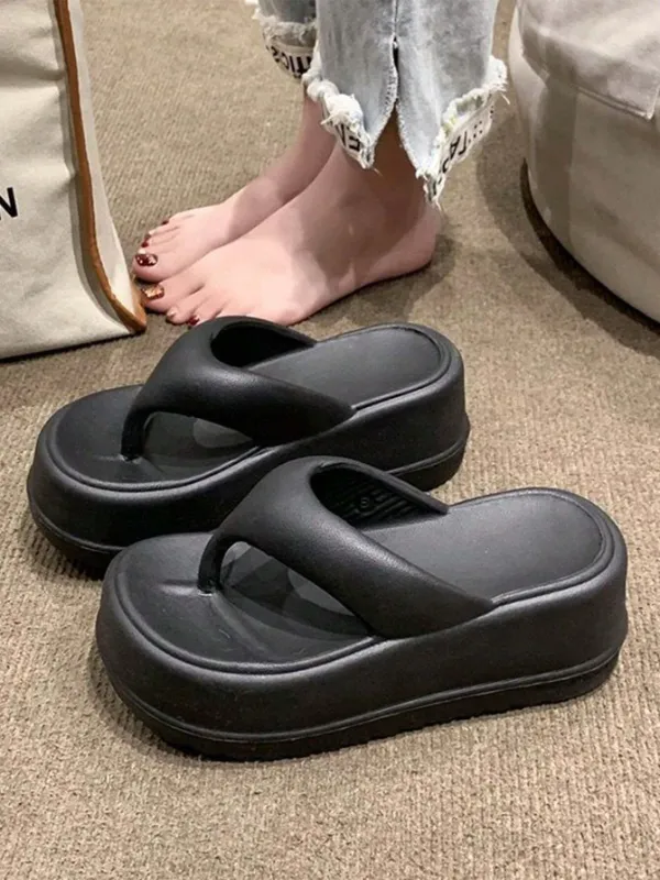 Women's 6.5cm Thick-Sole EVA, Soft Bottom Non-Slip Fashionable Goddess Style Wedge Flip Flops, Black