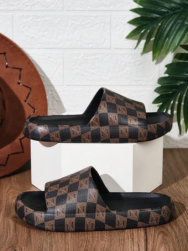 Men's Fashionable Retro Brown Colour-Blocking Plaid Print Slip-Ons