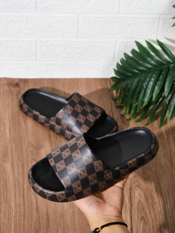 Men's Fashionable Retro Brown Colour-Blocking Plaid Print Slip-Ons