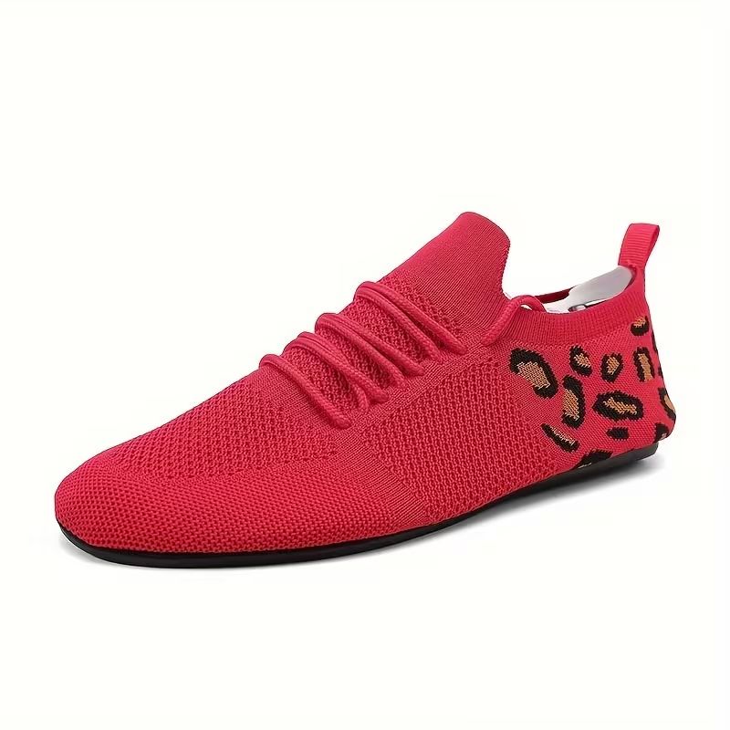 Men's Red Knit Casual Sneakers - Breathable Low-Top Lace-Up Shoes with Rubber Sole Comfortable Walking Shoes, Leopard Print Accent, Flexible Footwear