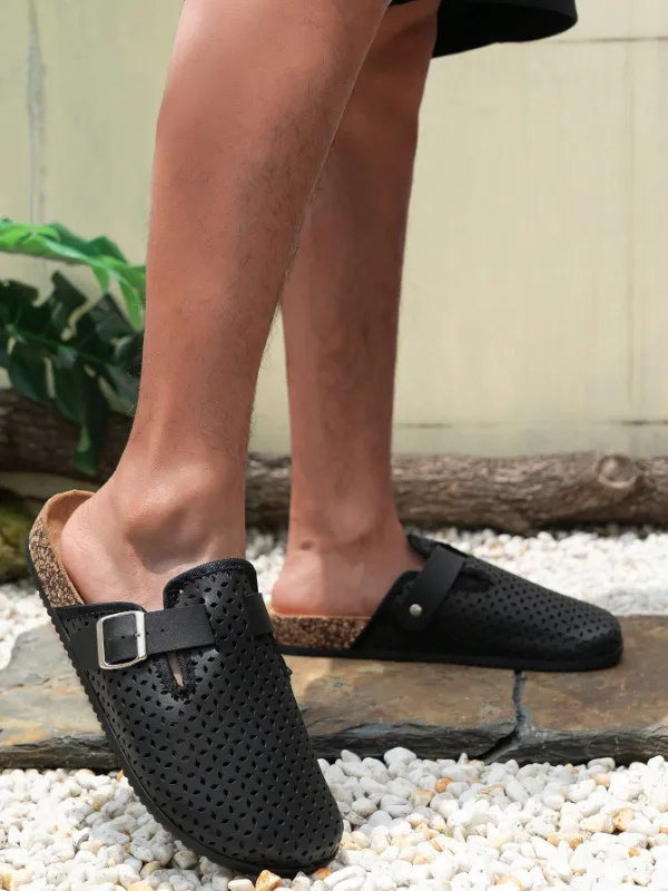Trendy Fashion Men's Vintage Slip-On Loafers - Black Casual Mules with Buckle Strap and  Hole Patterns