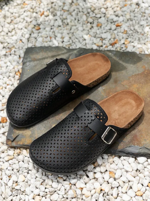Trendy Fashion Men's Vintage Slip-On Loafers - Black Casual Mules with Buckle Strap and  Hole Patterns