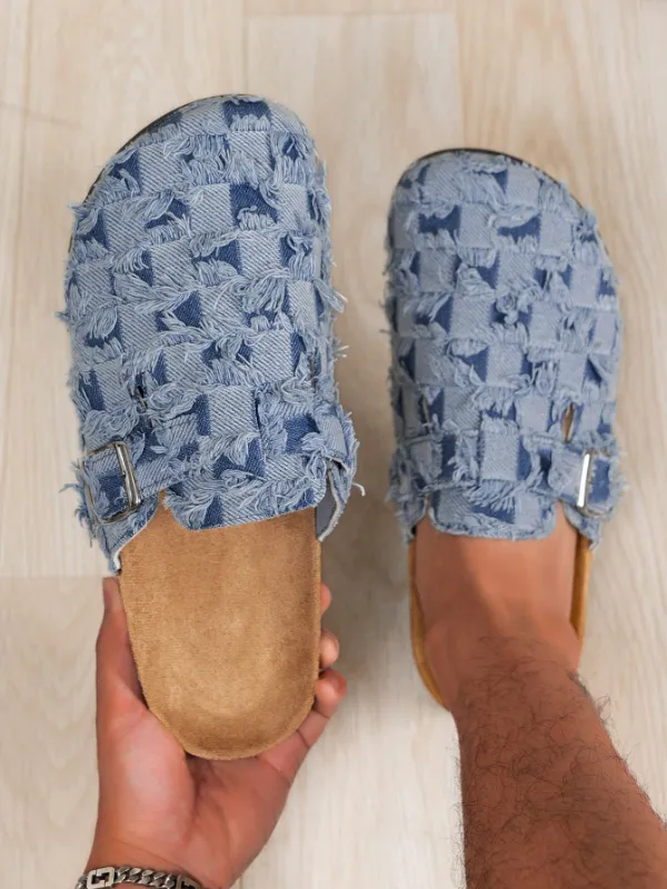 Trendy Fashion Men's Vintage Slip-On Loafers - Casual Mules with Buckle Strap, Blue Jeans Plaid Pattern