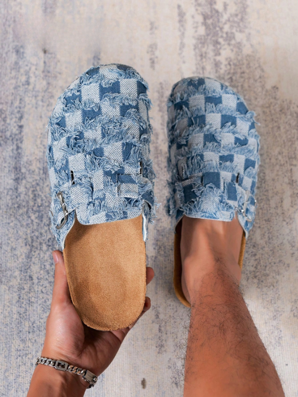 Trendy Fashion Men's Vintage Slip-On Loafers - Casual Mules with Buckle Strap, Blue Jeans Plaid Pattern