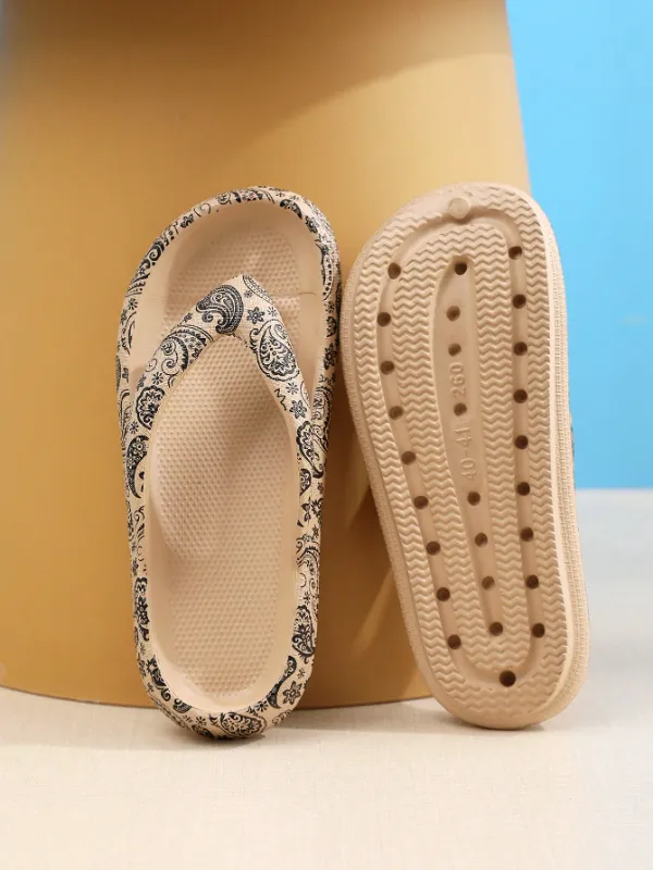 Thick Sole Non-Slip EVA Comfortably Soft and Cushy Stylized Flip-Flops, Paisley Floral Pattern