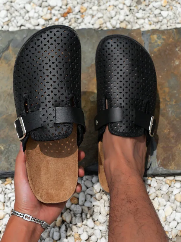 Trendy Fashion Men's Vintage Slip-On Loafers - Black Casual Mules with Buckle Strap and  Hole Patterns