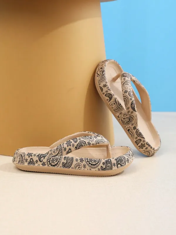 Thick Sole Non-Slip EVA Comfortably Soft and Cushy Stylized Flip-Flops, Paisley Floral Pattern