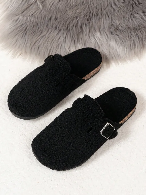 Trendy Fashion Men's Vintage Slip-On Loafers - Casual Mules with Buckle Strap, Black Soft Fleece