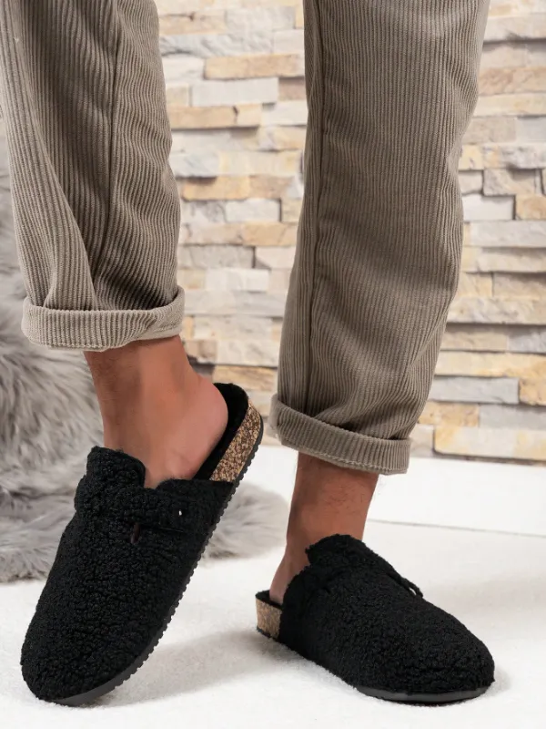 Trendy Fashion Men's Vintage Slip-On Loafers - Casual Mules with Buckle Strap, Black Soft Fleece