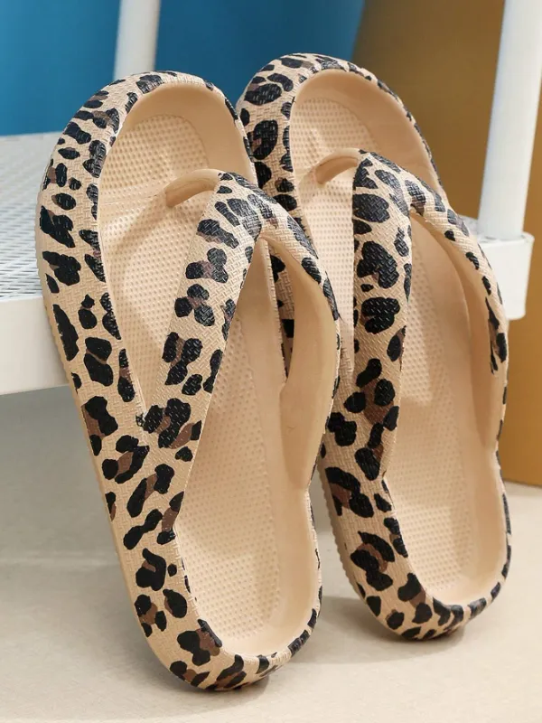 Women's Thick Sole Non-Slip EVA Comfortably Soft and Cushy Stylized Flip-Flops, Leopard Skin Pattern