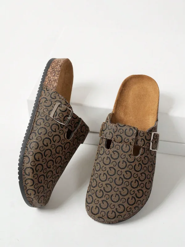 Trendy Fashion Men's Vintage Slip-On Loafers - Casual Mules with Buckle Strap, Brown with G Patterns