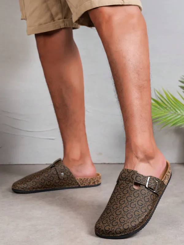 Trendy Fashion Men's Vintage Slip-On Loafers - Casual Mules with Buckle Strap, Brown with G Patterns