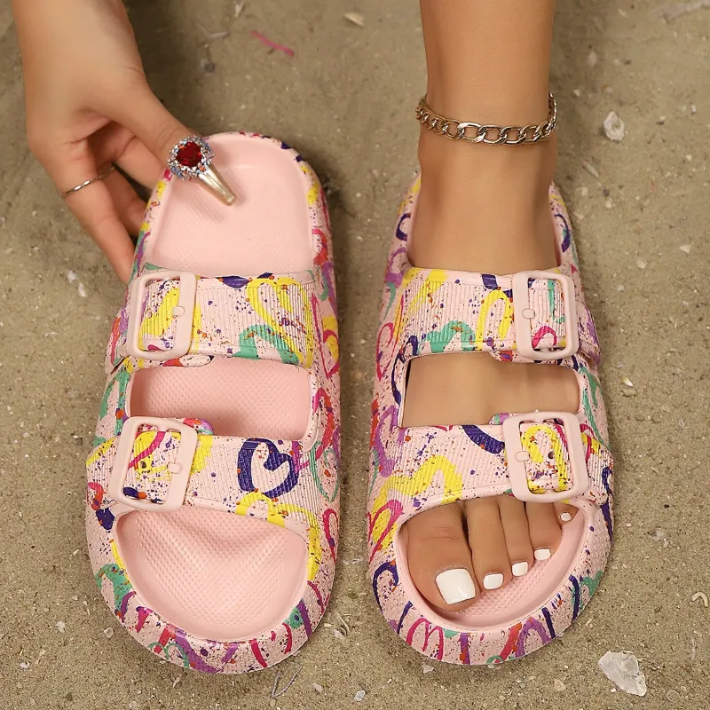 Women's Casual Colourful Heart Graffiti Print Slip-Ons With Adjustable Straps