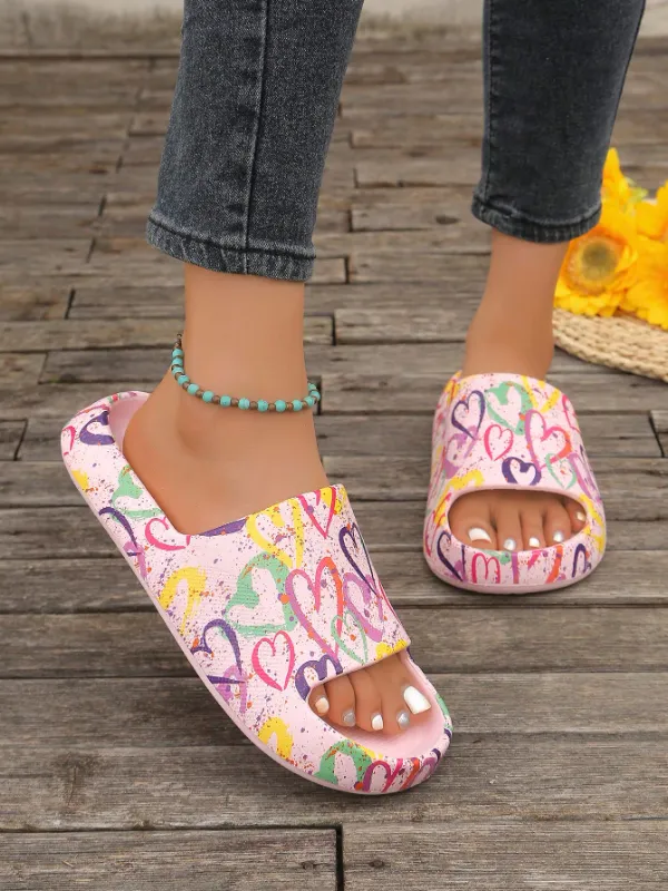 Women's Thick Sole Non-Slip Comfortably Soft and Cushy Outdoor Casual Slippers, Colourful Heart Graffiti Pattern