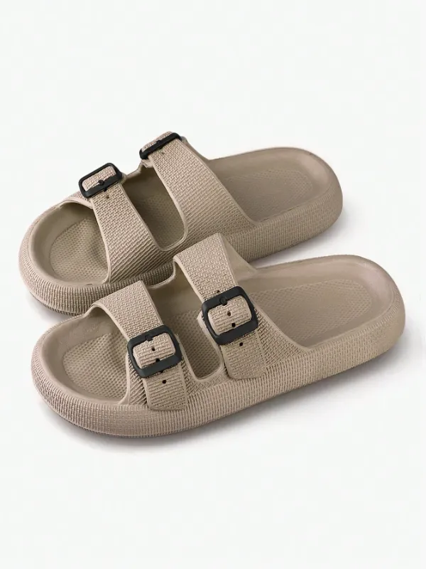 Men's / Unisex Buckle Decor Slippers, Brown, Lightweight EVA Slides, Non-Slip Open Toe Shoes For Indoor Outdoor
