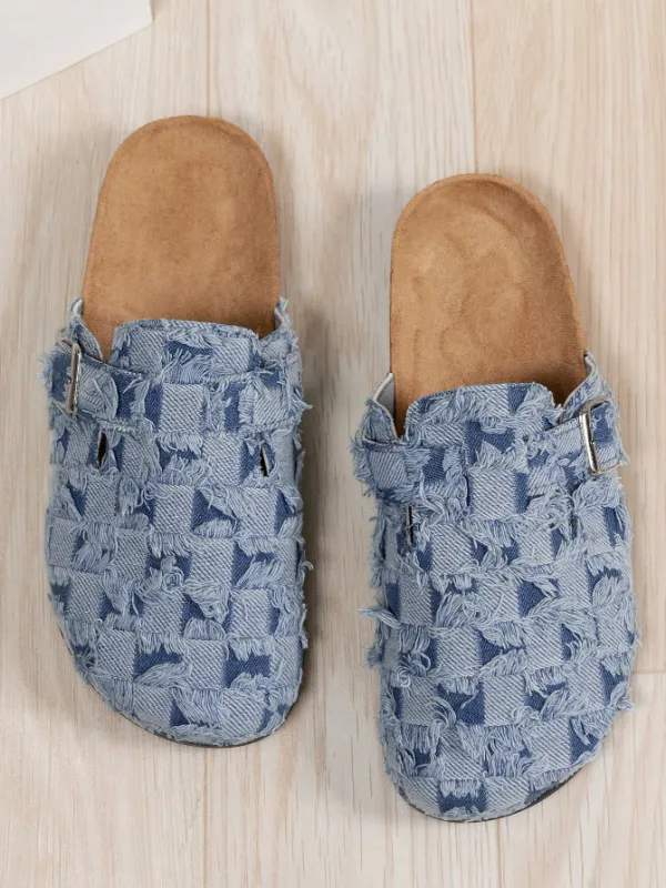 Trendy Fashion Men's Vintage Slip-On Loafers - Casual Mules with Buckle Strap, Blue Jeans Plaid Pattern