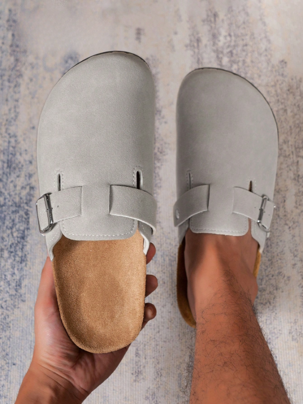 Trendy Fashion Men's Vintage Slip-On Loafers - Casual Mules with Buckle Strap, Grey A
