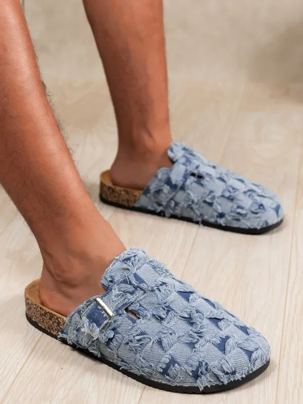 Trendy Fashion Men's Vintage Slip-On Loafers - Casual Mules with Buckle Strap, Blue Jeans Plaid Pattern