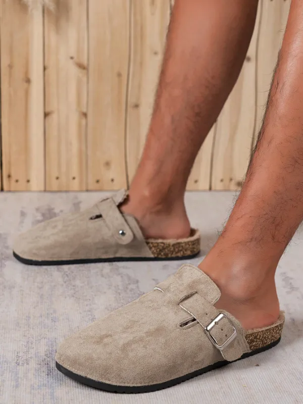 Trendy Fashion Men's Vintage Slip-On Loafers - Casual Mules with Buckle Strap, Brown F with Soft Fleece Linning
