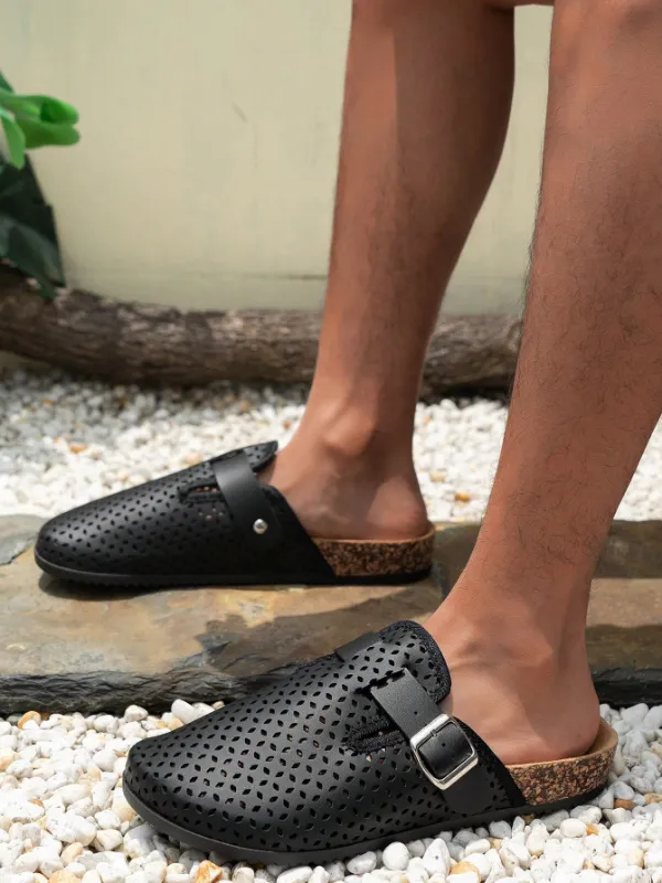 Trendy Fashion Men's Vintage Slip-On Loafers - Black Casual Mules with Buckle Strap and  Hole Patterns