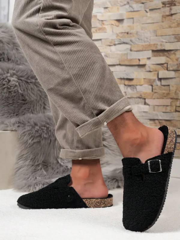 Trendy Fashion Men's Vintage Slip-On Loafers - Casual Mules with Buckle Strap, Black Soft Fleece