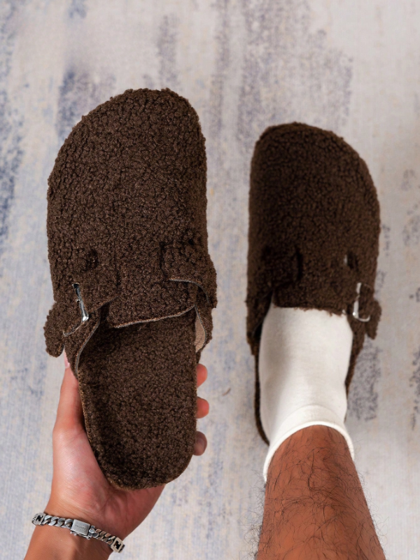 Trendy Fashion Men's Vintage Slip-On Loafers - Casual Mules with Buckle Strap, Brown Soft Fleece